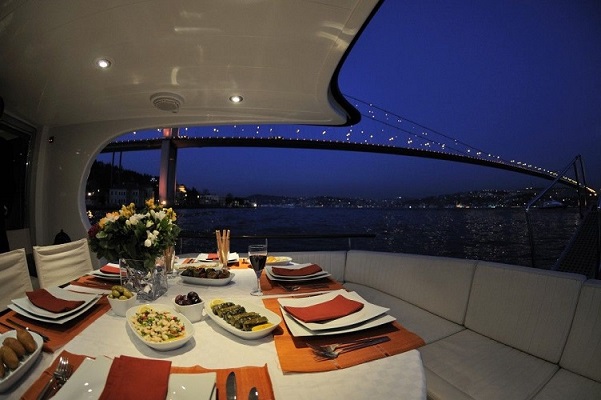 A Bosphorus view with a bridge and city lights in the background