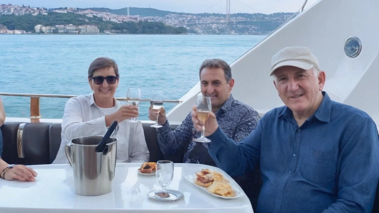 Happy people on a luxury yacht during a morning tour of the Bosphorus in Istanbul